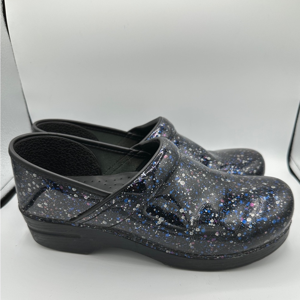 Dansko Black and Silver Sparkly Splatter Paint Mules size 41